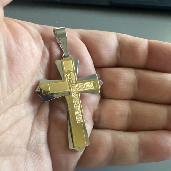 Double Gold Plated Cross Pendant 24 Inch Chain Stainless Steel Religious Gift - Picture 4 of 6